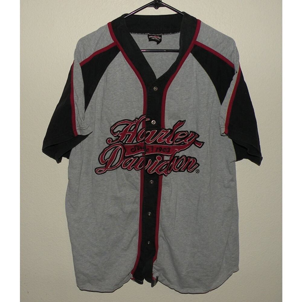 Harley Davidson Men’s XL SS Button Baseball Jersey Style Shirt Gray Blue Red